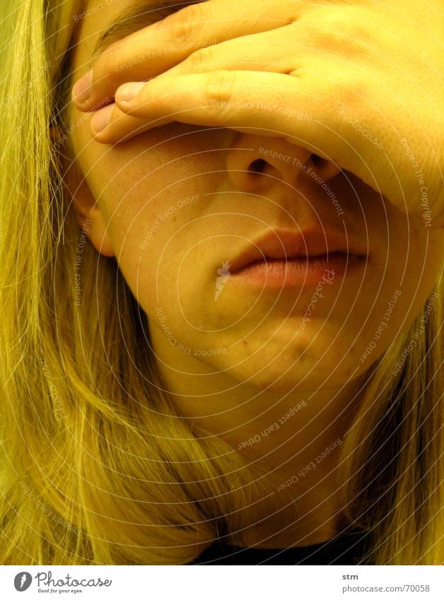 Half portrait of a woman Hand T-shirt Chin Yellow Bathroom Silent Mouth Nose Neck Hair and hairstyles not speak Tile