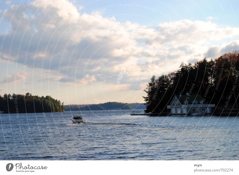 Lake Muskoka Environment Nature Landscape Water Sky Clouds Sunrise Sunset Autumn Beautiful weather Gale Waves Coast Lakeside Bay Boating trip Sport boats