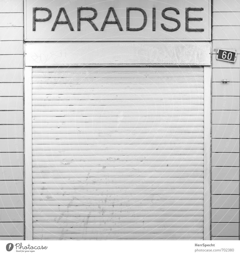 Paradise closed Antwerp Belgium Town Downtown Manmade structures Building Facade Retro Trashy Gloomy Sadness Apocalyptic sentiment Shopping Trade Crisis Fiasco