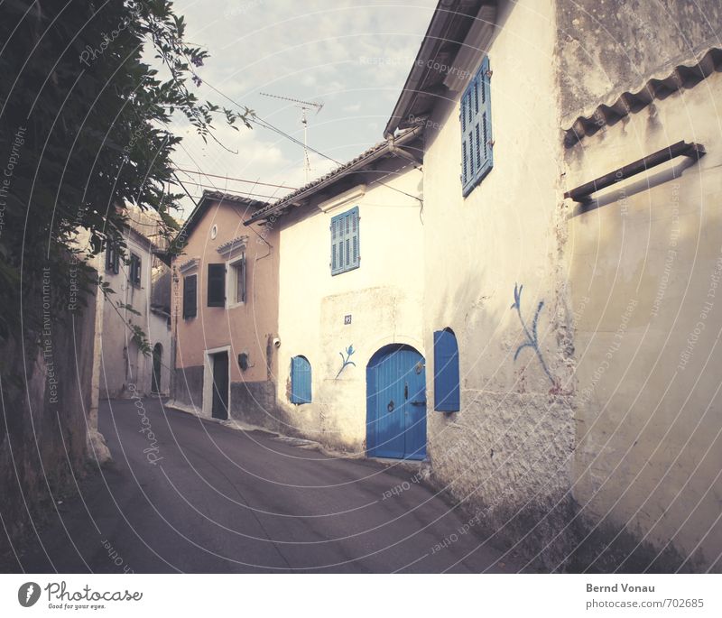 last tomorrow liapades Corfu Greece Europe Old Authentic Bright Upward Simple Sunlight Mediterranean Asphalt Street Whorl Tree Window Clouds Sky Colour photo