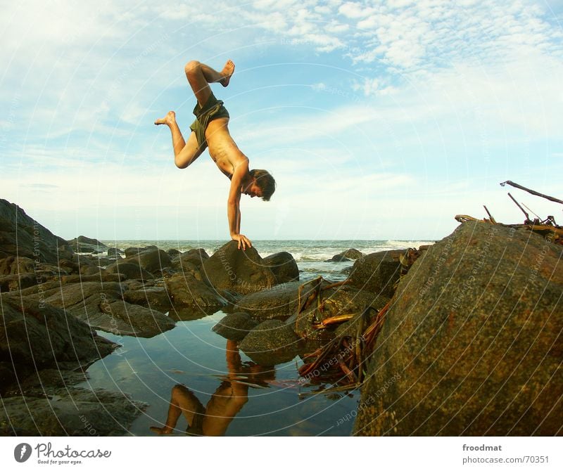 handstand Reflection Handstand Ocean Clouds Brazil Summer Contentment Mirror Damp Wet Smoothness Dangerous Sports Action Acrobatic Swimming trunks Beach Coast