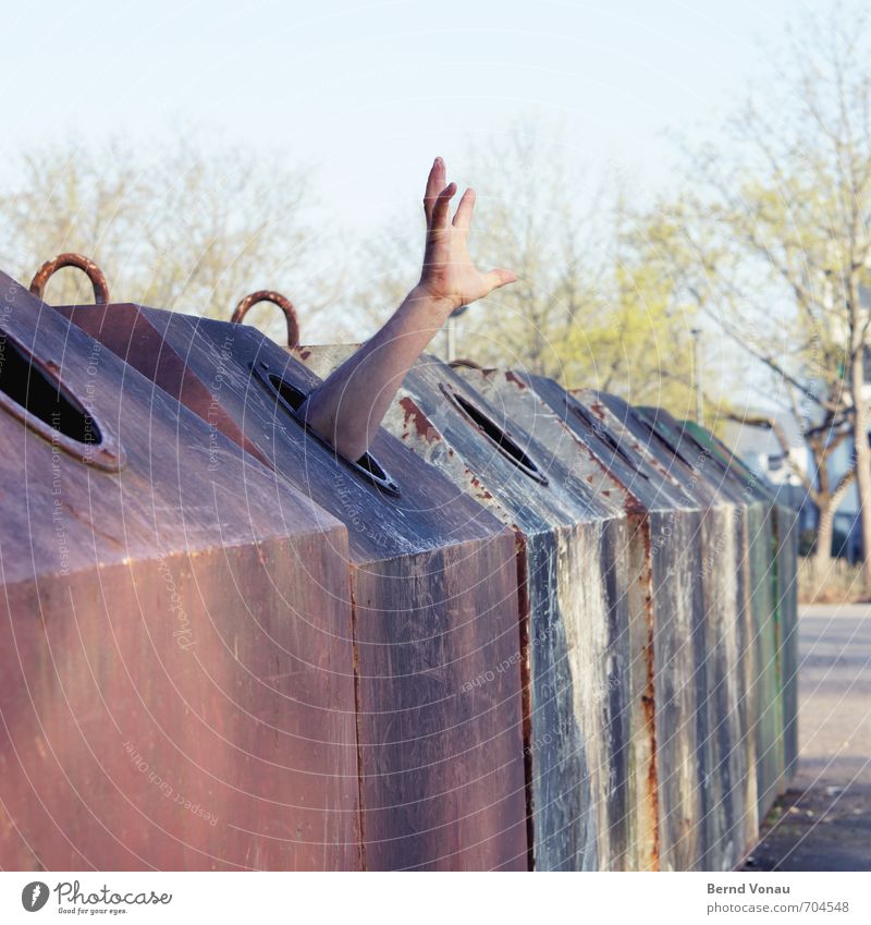 special case Human being Masculine Man Adults Arm Hand 1 30 - 45 years Captured Recycling container Glass for recycling Distress Prison cell Trap Hollow