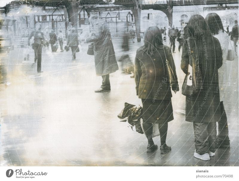 Zurich railway station Terminus Long exposure Exposure Trash Old Black White Yellowed Scratch mark Analog Dust Error Experimental Woman Man Diagonal Railroad