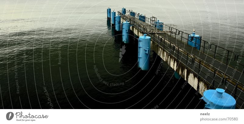 Way into the sea Jetty Ocean Ferry Loneliness Calm Gray Bollard Horizon Seagull Footbridge Sellin Gloomy Water Blue Baltic Sea