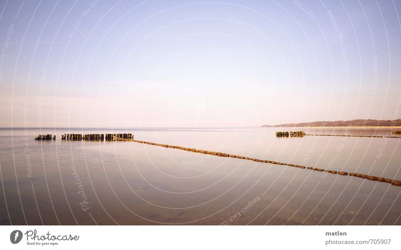 nothing going on Environment Nature Landscape Sand Water Sky Cloudless sky Horizon Spring Weather Beautiful weather Coast Ocean Blue Brown Calm Fog Wooden stake