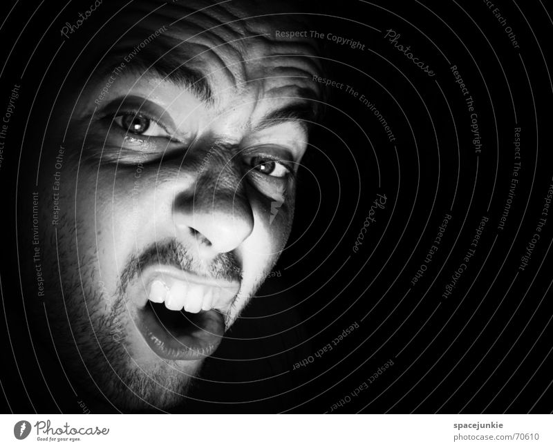 SHOUT (3) Portrait photograph Man Freak Fear Alarming Scream Dark Black Show your teeth Evil Crazy Human being Face Force Black & white photo