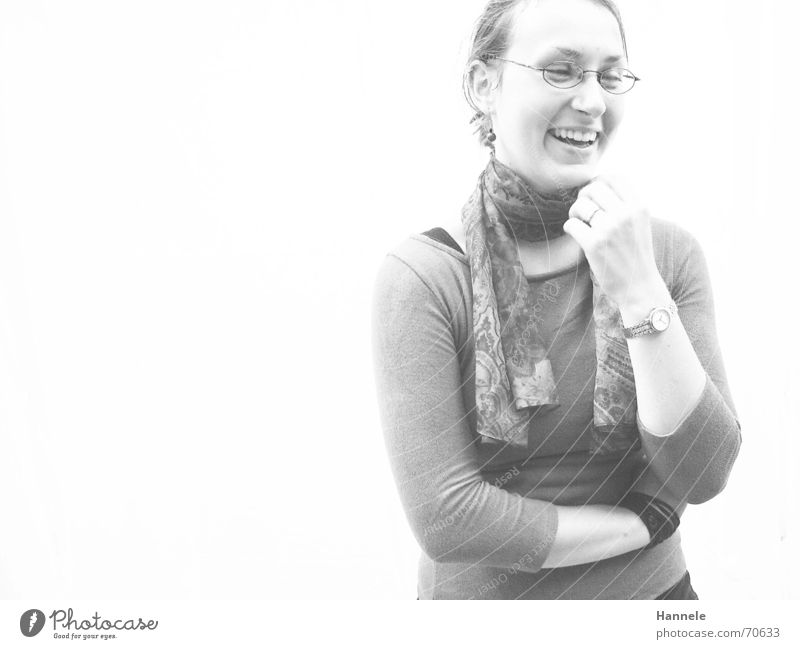 Judith Woman White T-shirt Friendliness Eyeglasses Scarf Happiness Laughter white wall Black & white photo sympathetic Open Rag Joy happy