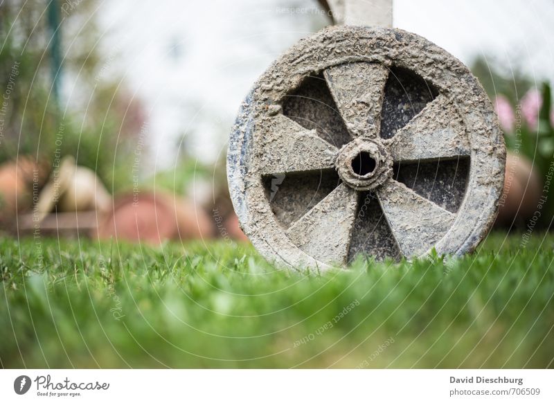 unicycle Craftsperson Construction site Retirement Beautiful weather Meadow Blue Multicoloured Yellow Gray Green White Wheel Concrete Cement Mixer Round Dry