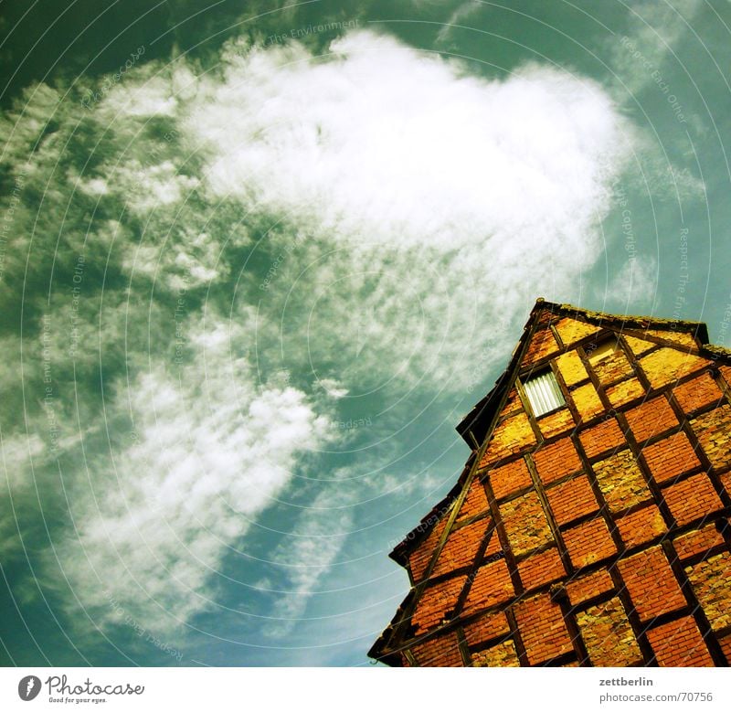 Aschersleben Clouds Cirrus House (Residential Structure) Half-timbered house Roof Gable Window Summer Sky Sun aschersleben Construction Wooden rack Architecture