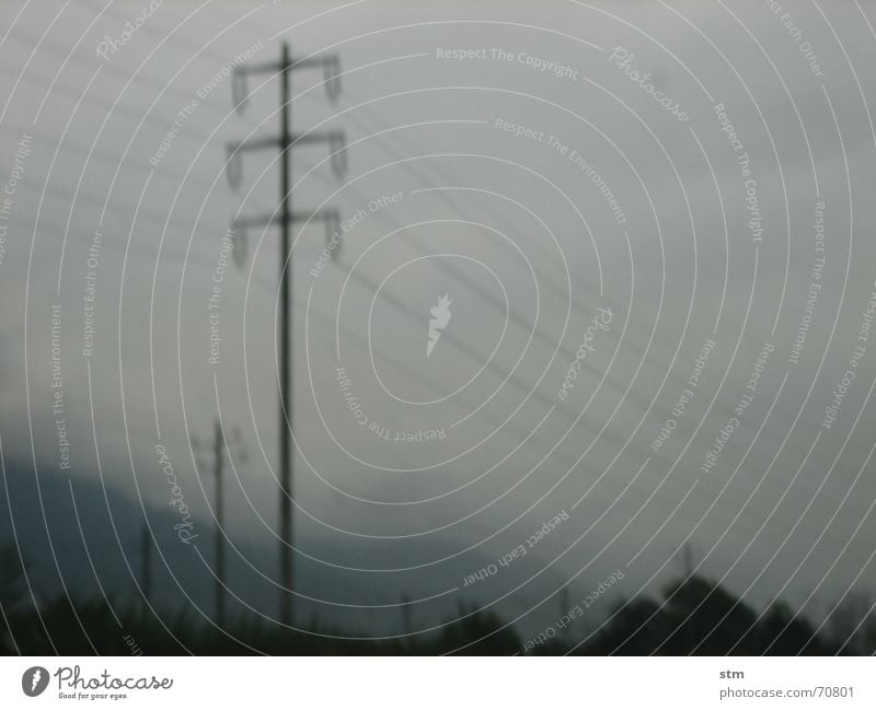 lot 10 Telegraph pole Electricity pylon Gray Fog Speed Highway Grow hazy Dream Wet Grief Landscape Street Vacation & Travel Rain poor visibility pass Blur