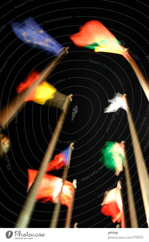 Flags in the wind Night Light Europe Long exposure Flagpole Strasbourg Politics and state Black Multicoloured Belgium Switzerland Italy Houses of Parliament