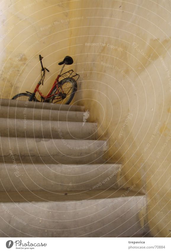 bicycle Yellow Wall (building) Parking lot Concrete Bicycle Visitor Stairs Russet concrete staircase Old Wait