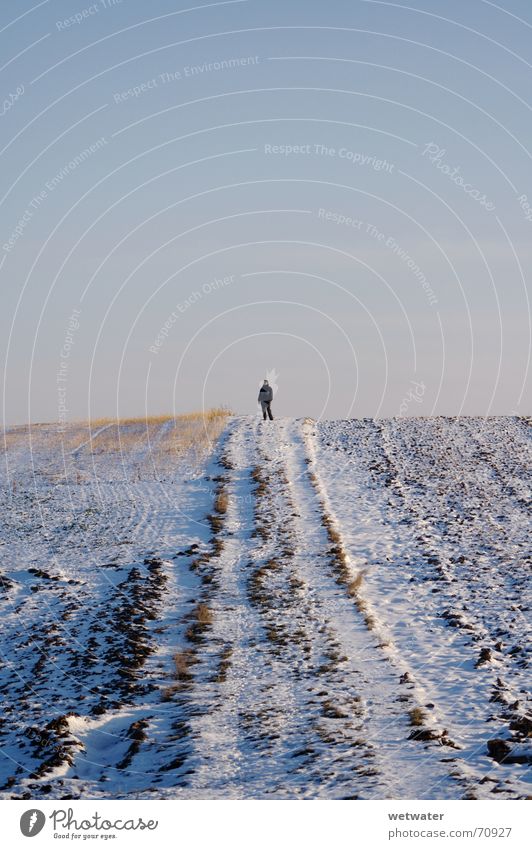 woman on top White Sky Cold Winter Field Small Snow blue bkau landscape Human being