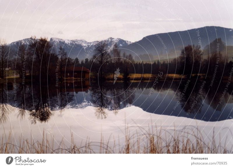 bavarian idyll in the water level Oberammergau Lake Reflection Bavaria Tree Bushes Landscape Mountain Alps Nature Idyll