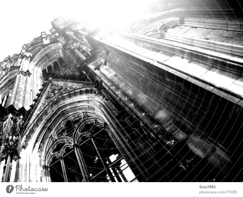 To heaven Cologne Black White Gothic period Window Curlicue Ornament Dome Black & white photo Tall Religion and faith ecclesiastical Sky Bright Sun Architecture