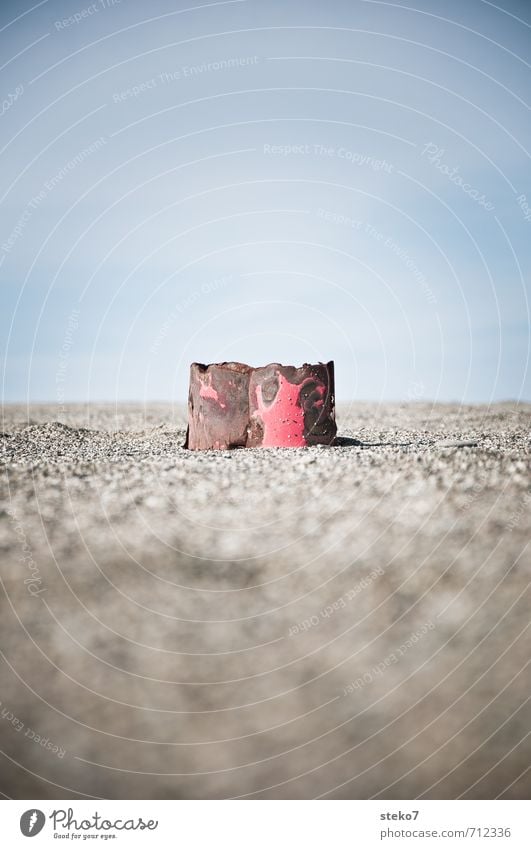 Scrap on the beach Beach Desert Blue Red Environmental pollution Decline Transience Rust Scrap metal Flotsam and jetsam Sand Subdued colour Copy Space top