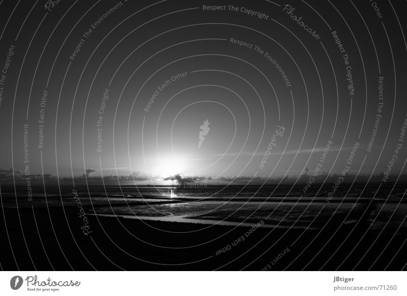 nightlight Beach Sunset Clouds Light Evening Exterior shot Low tide Black & white photo North Sea Far-off places Sand reflection