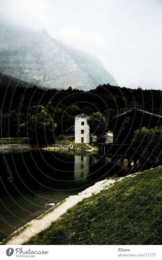 Italian lake Italy Meadow Grass House (Residential Structure) Fog Lake Garda Water Mountain hill Idyll Coast