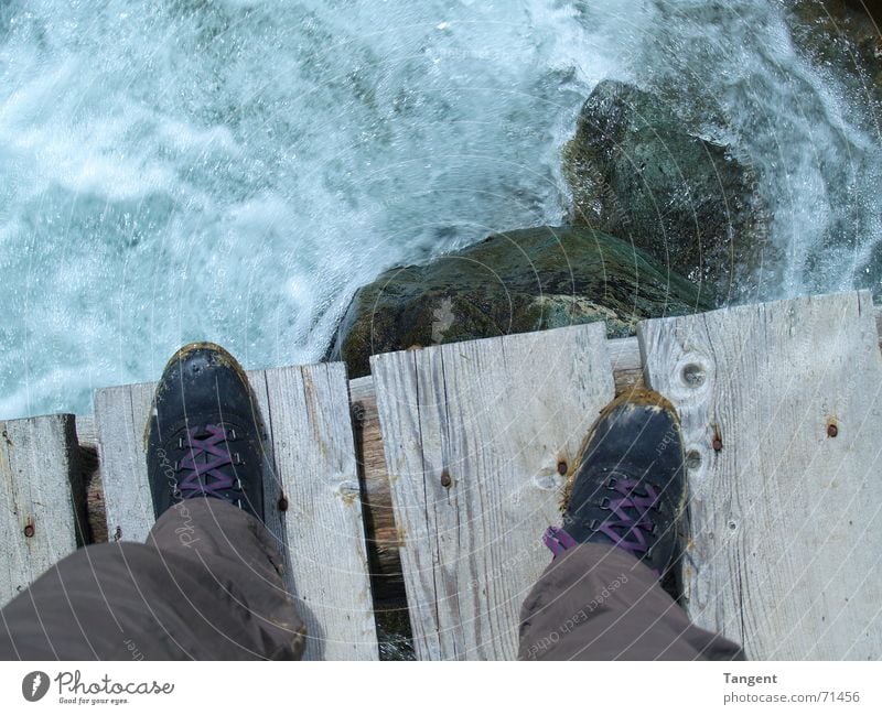 Jump! Waves Foam Whitewater Brook Electricity Wood Plank Nail Smoothness Edge Boots Footwear Dangerous Adventure Suicide Water High tide Stone Rock Bridge Joist