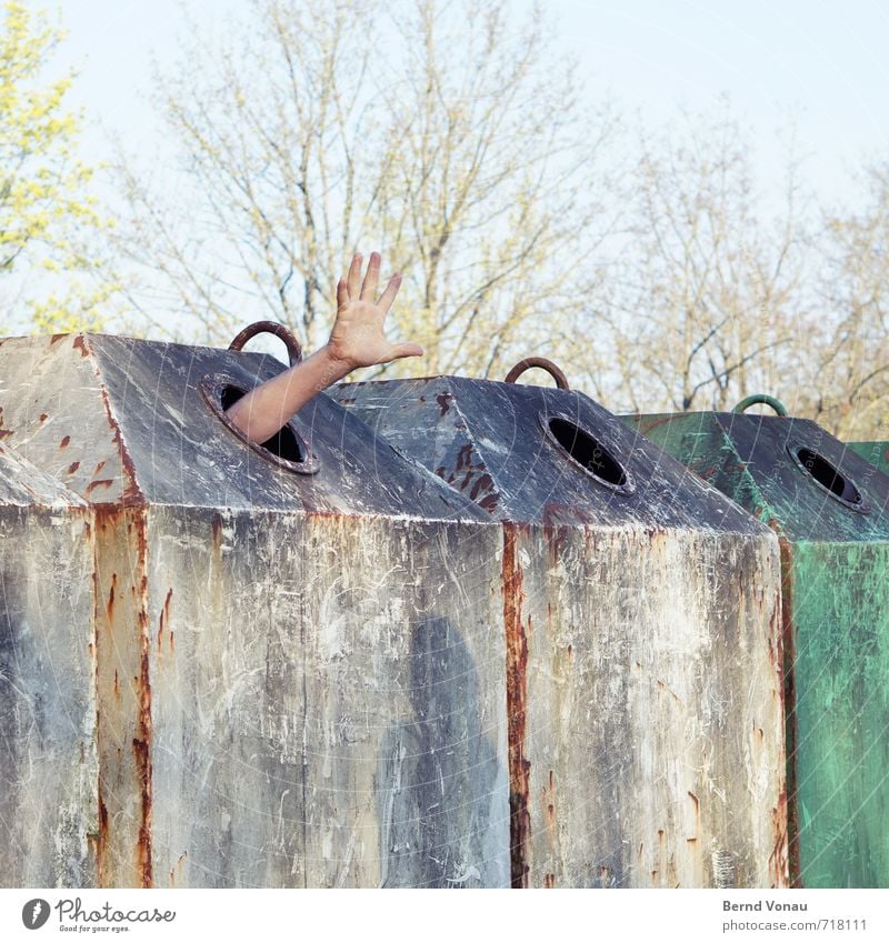 The morning after Alcoholic drinks Bottle Human being Masculine Man Adults Arm Hand Sky Spring Tree Rust Dirty Brown Green Distress Alcoholism Addiction