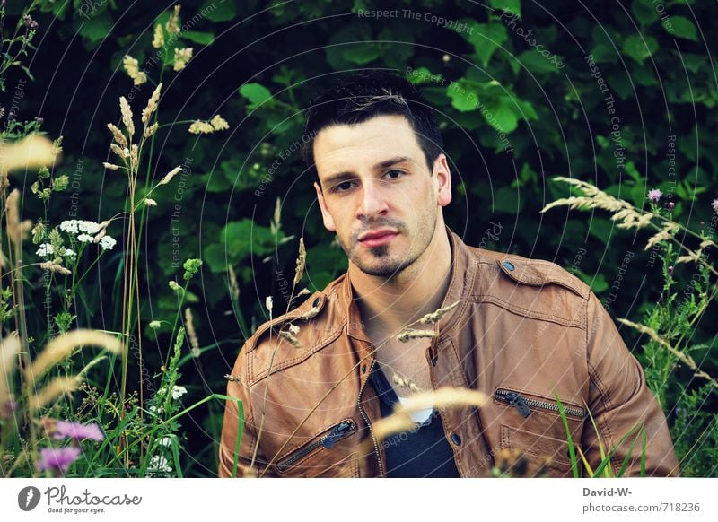 young male Beautiful Athletic Life Human being Masculine Young man Youth (Young adults) Adults 1 18 - 30 years Nature Bushes Foliage plant Meadow Jacket Leather