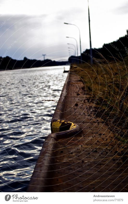 bank Lake Ocean Sky Footbridge Edge Yellow Grass Lamp Clouds Water Coast Blue