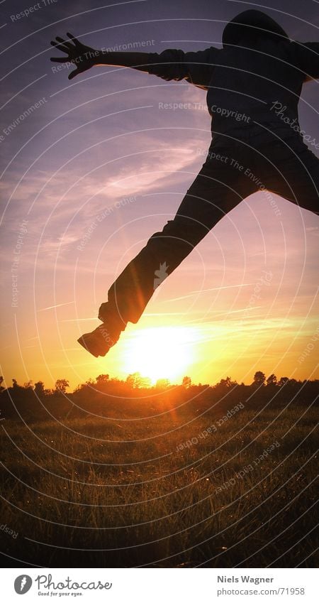 free as a bird Sunset Meadow Grass Clouds Yellow Jump Air Sunbeam flo Sky Blue Human being Star (Symbol)