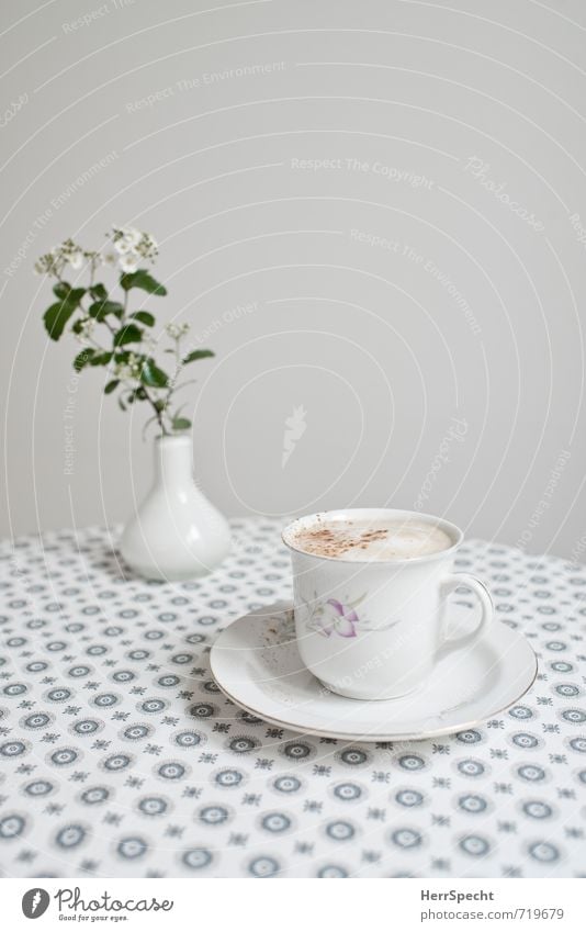 Fast breakfast Beverage Hot drink Coffee Living or residing Table Kitchen Beautiful Retro Round Clean Gray White Cappuccino Café au lait Coffee froth Vase