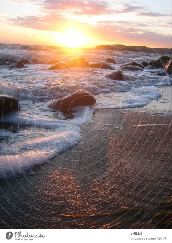 chilled sunset Sunset Physics Ocean Waves Foam Beach Algae Rügen Clouds Vacation & Travel sundown Warmth Water Stone Sand Island holiday destination