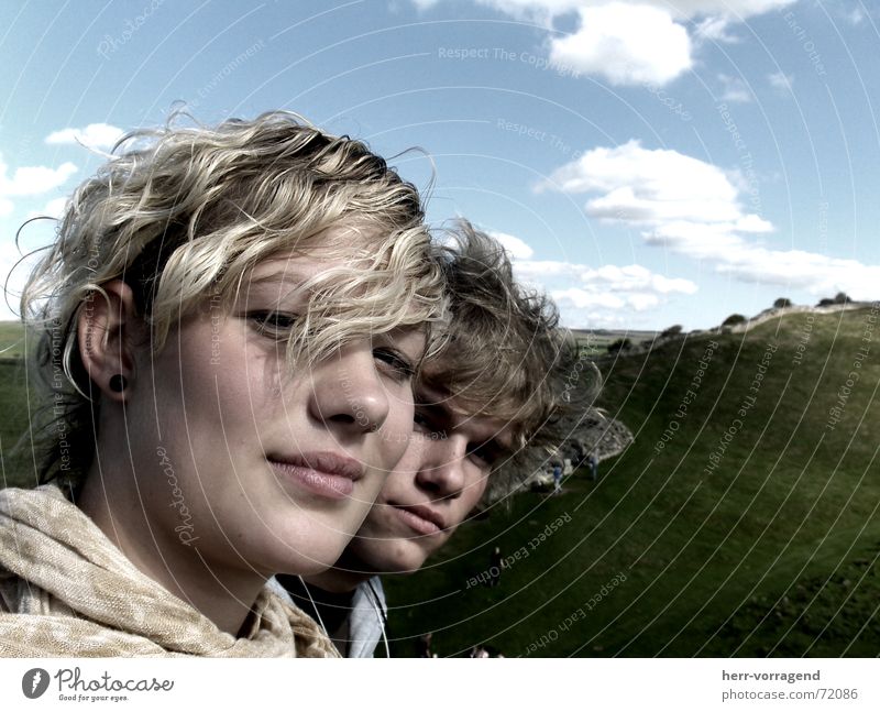 Relax Clouds Meadow Scotland Wall (barrier) Green Woman Man Blonde Earnest Flexible Sky Blue hadrians wall Couple