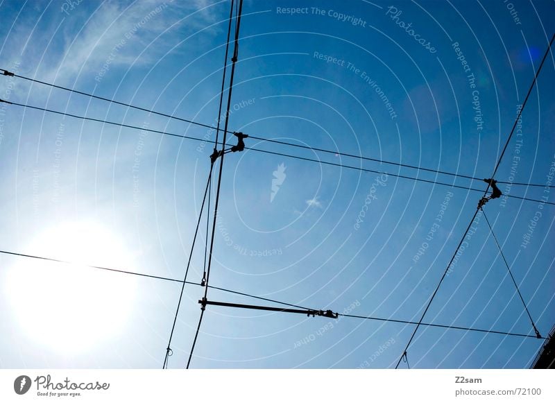 tram impressions II Sky Transmission lines Lamp Summer Tram Overhead line Direction Compass point blue Line Rope Net munich tramway