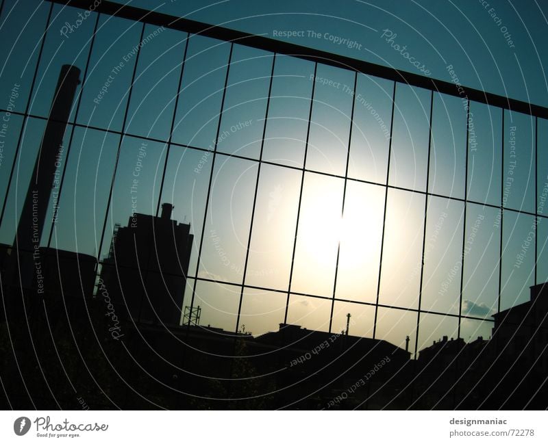 factory site Factory Silhouette Roof Fence Square Rectangle Dark Light Black Frankfurt Europe Captured Cramped Exterior shot Construction site Back-light Dazzle