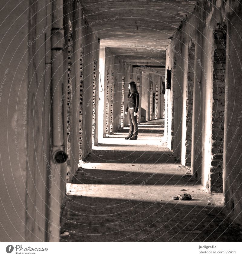 A girl in the hallway Possible Tunnel Light Hallway House (Residential Structure) Building Dismantling Ruin Hotel Gernrode Brick Wall (building) Entrance