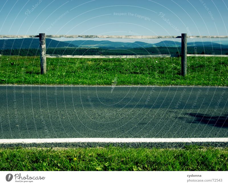 symmetry Tar Country road Green Symmetry Fence Meadow Far-off places Thuringia Forest Untraveled Barrier Image format Minimalistic Traffic infrastructure Summer