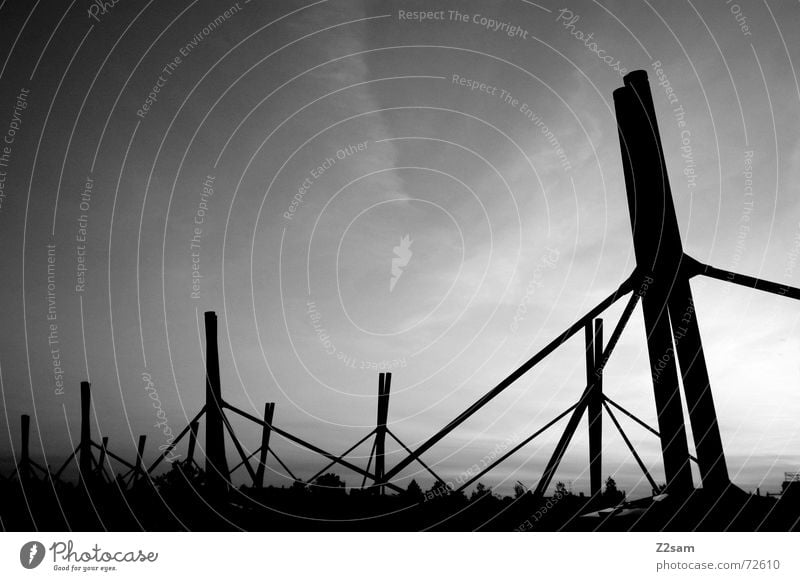 roofscape b/w Roof Underground Sky Abstract Crossbeam Back-light Black & white photo linkage Pole Connection Far-off places Perspective Upward