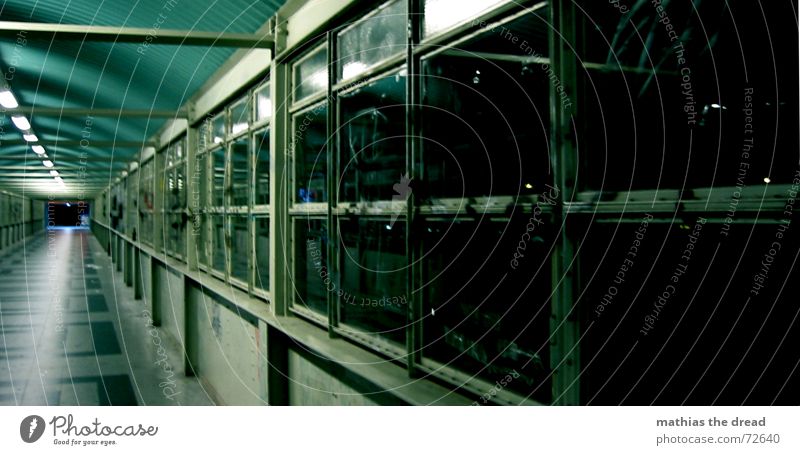 One Way Late Window Light Loneliness Symmetry Pattern Square Dark Dangerous Vanishing point Night Tunnel vision Neon light Friedrichshain Commuter train station