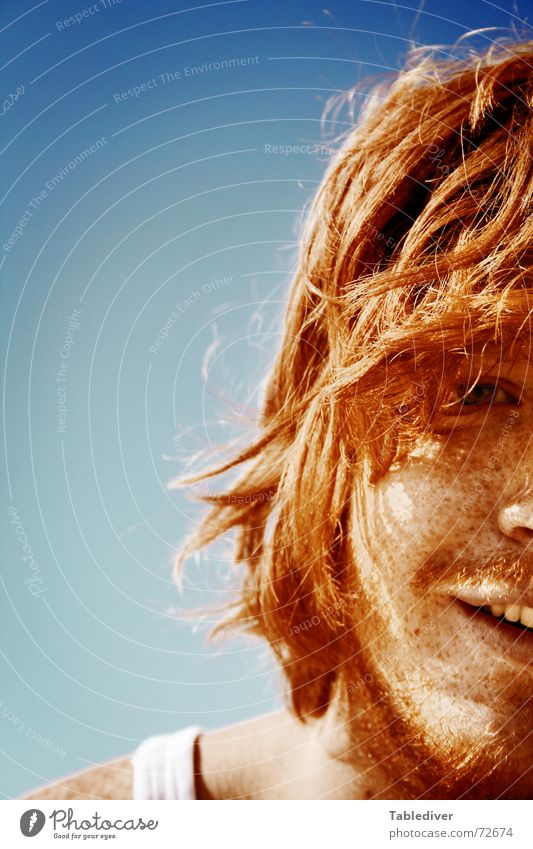 lion's mane Man Young man Hair and hairstyles Strand of hair Felt Red-haired Facial hair Summer Beach Undershirt Freckles Brown Sunbathing bearded Laughter