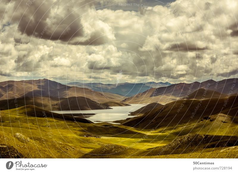 Mountain landscape with lake Trip Adventure Far-off places Nature Landscape Clouds Storm clouds Horizon Meadow Field Alps Peak Lake Peru Style Environment