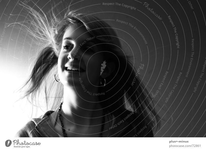 portrait Blown away Black & white photo Wind Contrast Hair and hairstyles Laughter