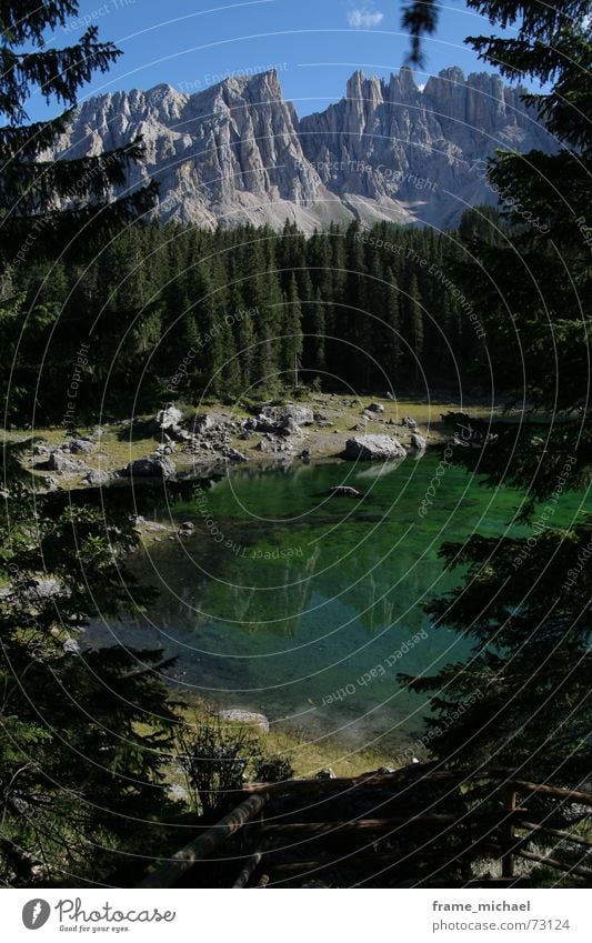 Karersee Lake Dolomites Clarity Coniferous trees Reflection Afternoon karersee latemar clear water Idyll Mountain Calm time to think Looking dream lake