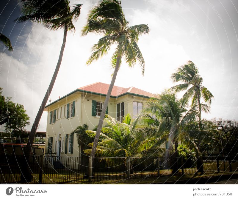 Customs House Architecture Colonial style Sky Warmth Exotic Palm tree Garden House (Residential Structure) Facade Oriel Metalware Bright Retro Idyll Climate