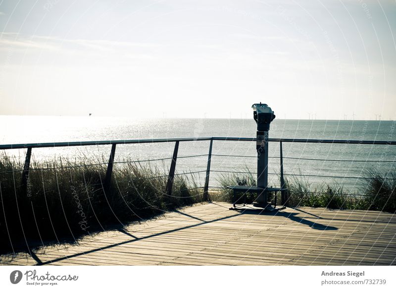 farsightedness Environment Nature Landscape Sky Horizon Summer Beautiful weather Grass Coast Ocean Telescope Binoculars Handrail Observe Discover Relaxation