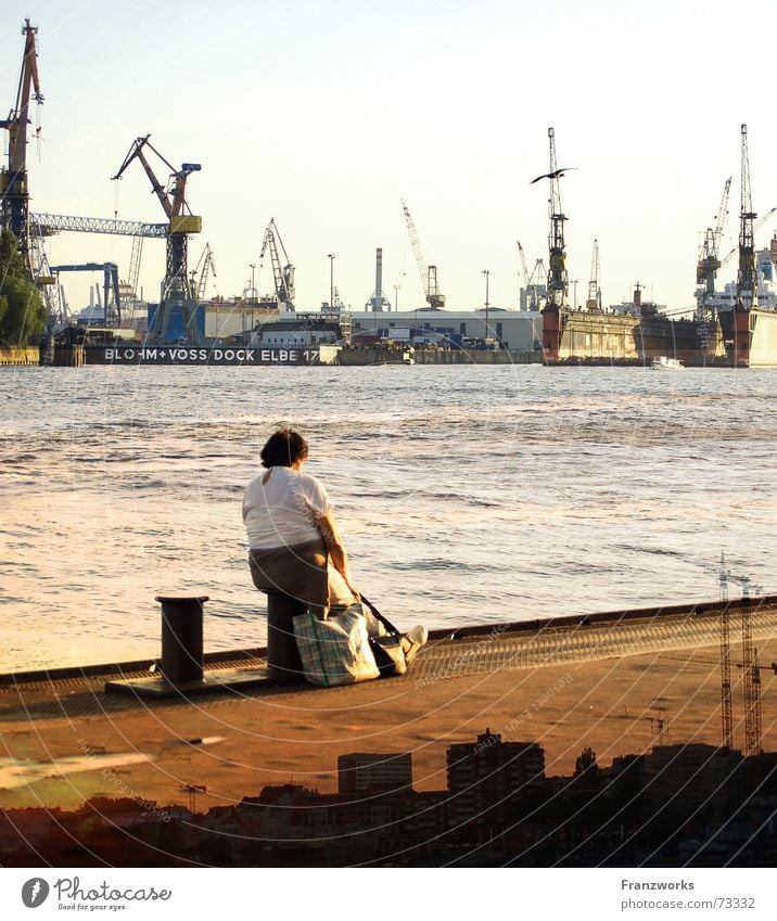 Hamburg water... Crane Dock Jetty Wanderlust Woman Bollard Elbe Harbour Skyline River Shipyard Container Water Vacation & Travel