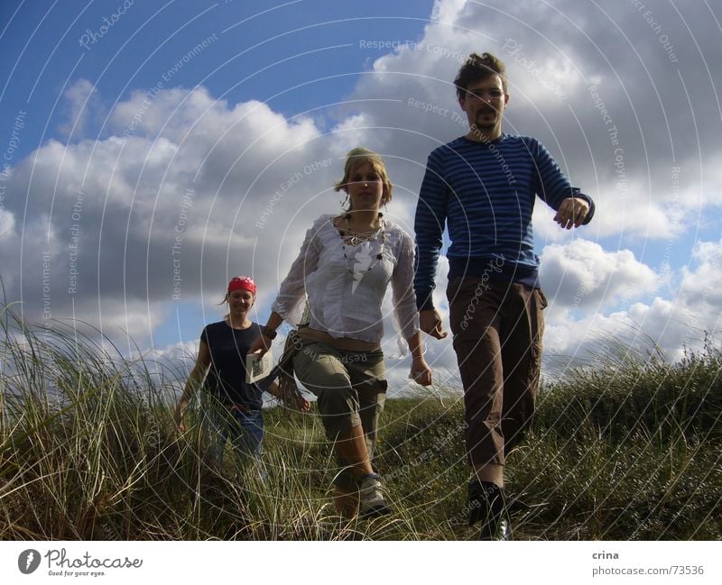 Pirates on the way 3 Going Action Territory Clouds Headscarf Walking Beach dune Denmark Blue