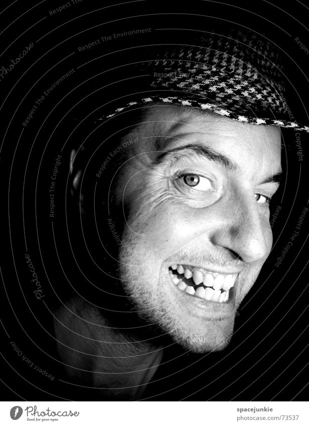 Man with hat Portrait photograph Freak Fear Alarming Dark Black Show your teeth Evil Crazy Face Hat Human being Black & white photo Teeth