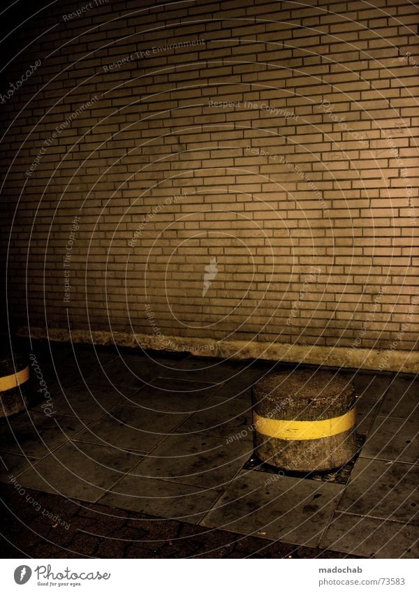 TRASHISM Wall (barrier) Brick Wall (building) Sidewalk Night Dark Trashy Style Yellow Eerie Gloomy Dirty Bremen architecture rootier Pole Floor covering