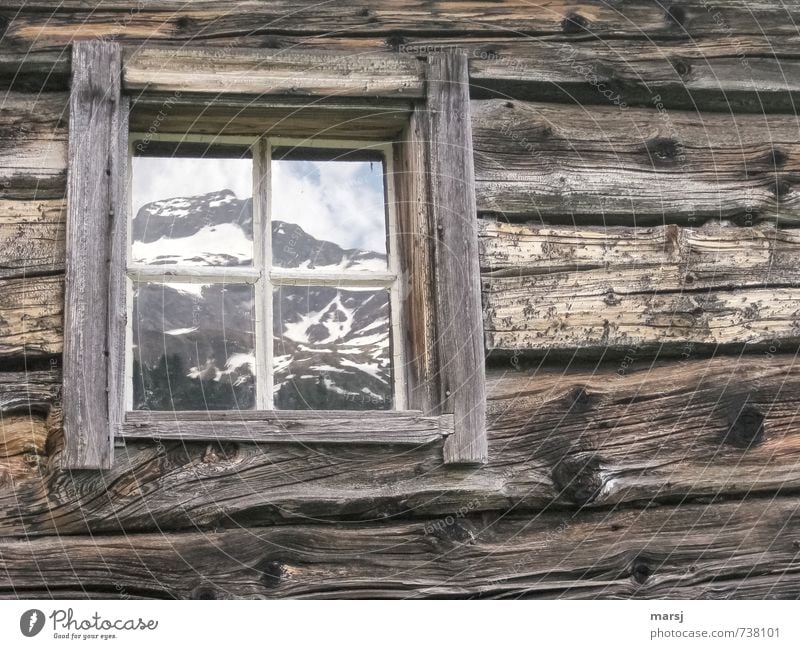 With mountain view Spring Rock Alps Mountain Peak Snowcapped peak Hut Architecture Alpine hut Block plank Wooden house Window Glass Sharp-edged Simple Brown