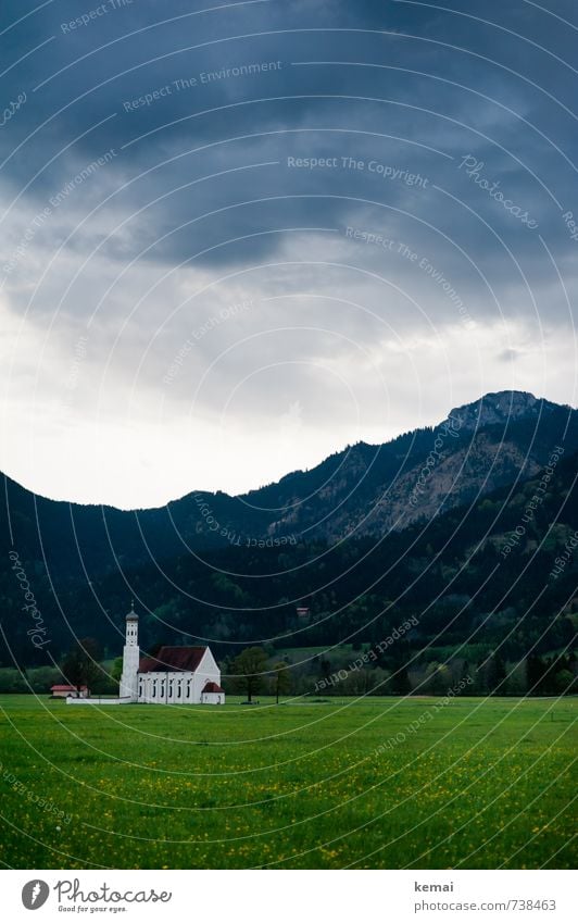 St. Coloman St. Coloman church Allgäu Environment Nature Landscape Sky Clouds Storm clouds Spring Gale Grass Meadow Forest Hill Mountain Church Threat Dark Calm