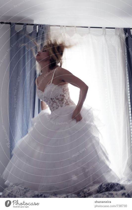 just married Fashion Dress Blonde Joie de vivre (Vitality) Feminine Wedding dress Bride Bedclothes Jump Wild Subdued colour Interior shot Day Motion blur