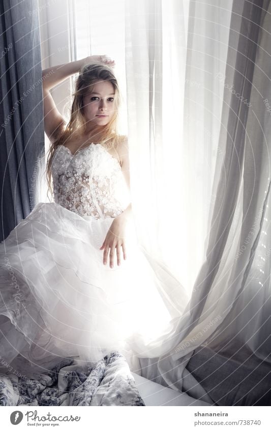 just married Dress Wedding Wedding dress Blonde Long-haired Happy Love Romance Beautiful Eternity Style Pride Dream Bride Colour photo Subdued colour